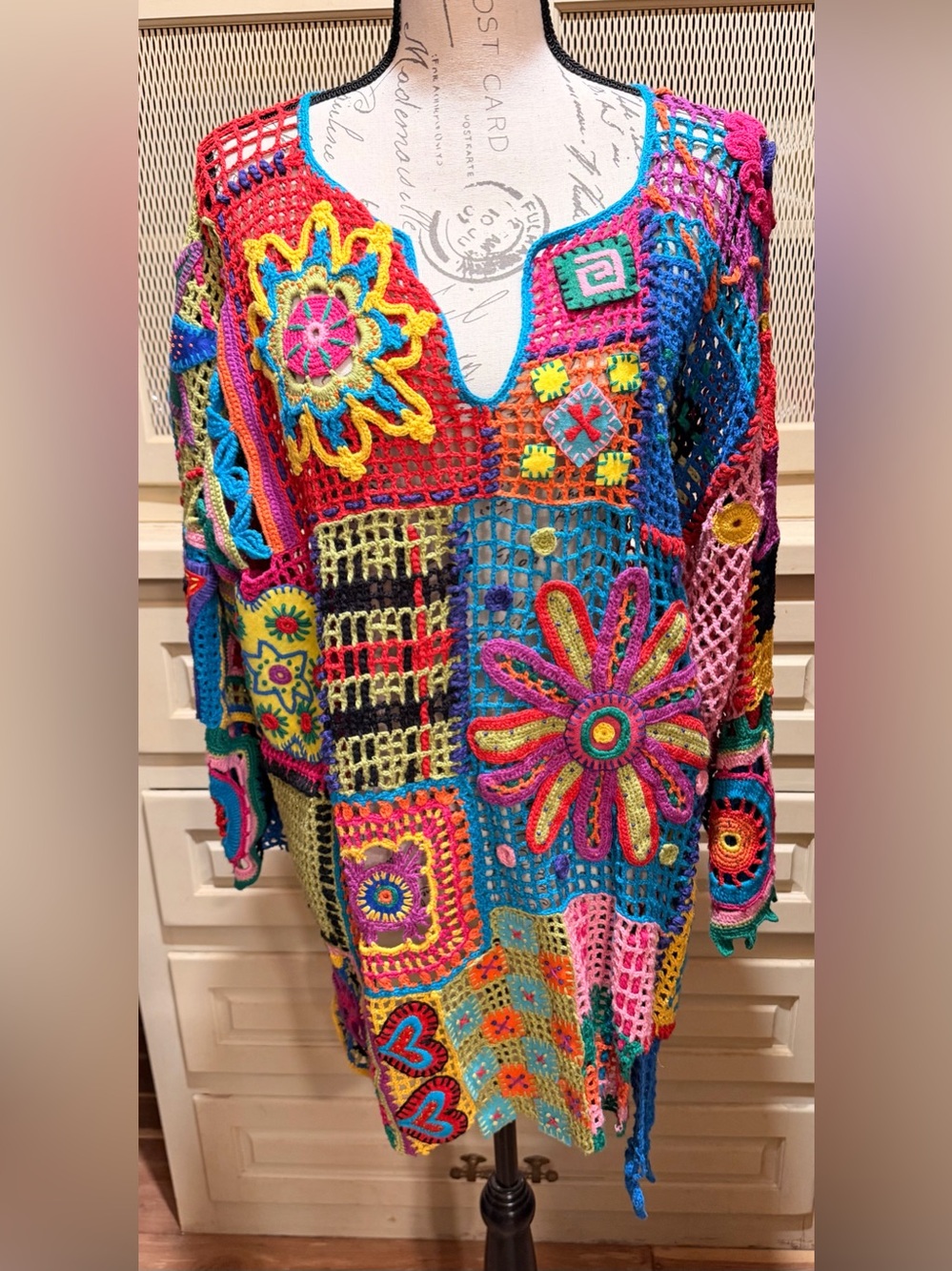 VTG 1993 Michael Simon New York Patchwork Mesh Crochet Pullover